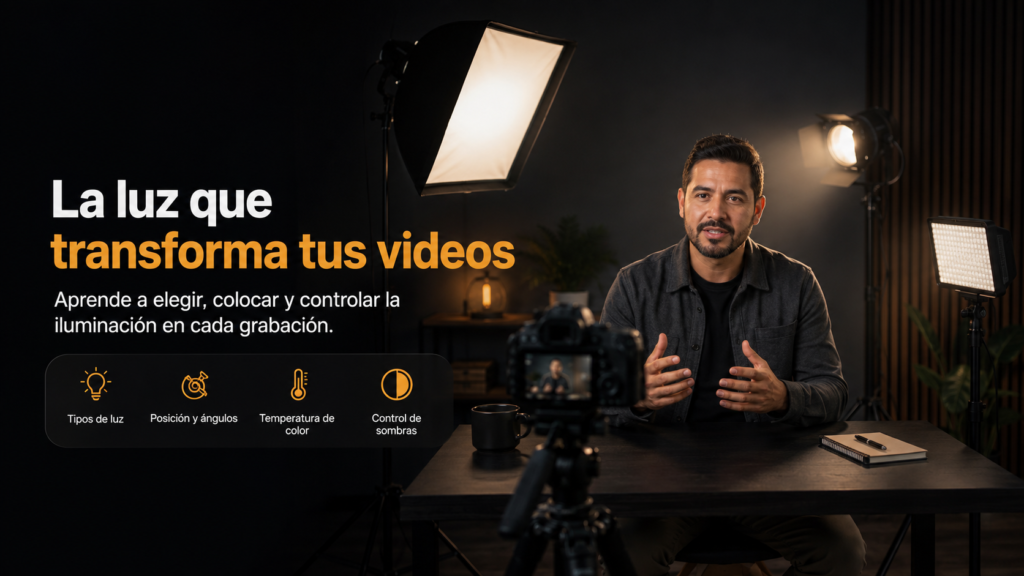 Luz para Grabar Videos: Guía para Elegir Según tu Caso (2026) 2 hombre latino grabando su video en set de iluminacion