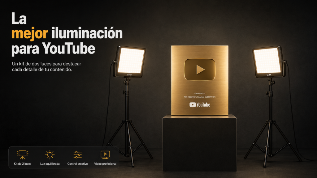 Mejor Luz GVM para YouTube: Cuál Elegir Según tu Espacio (2026) 12 placa de youtube iluminado con kit Luces gvm