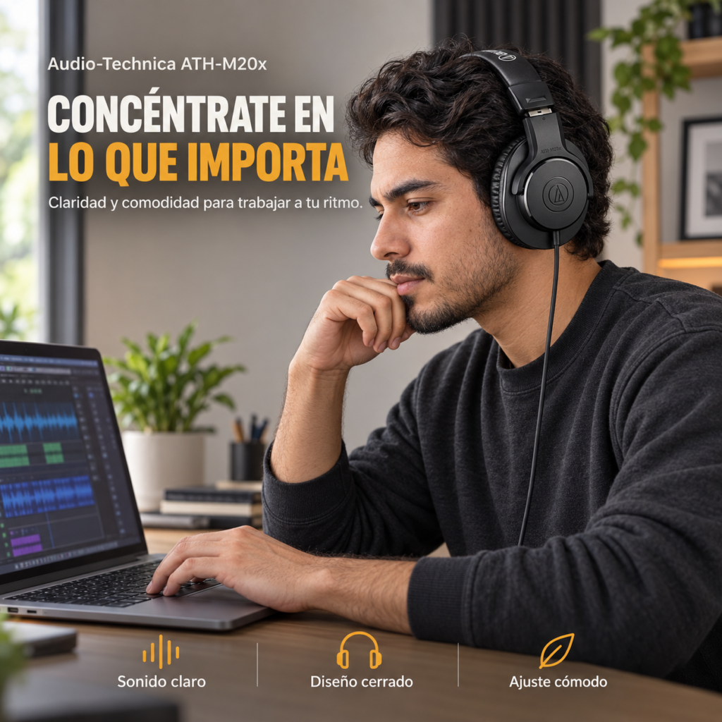 ATH M20x joven frente al computador con audifonos puestos