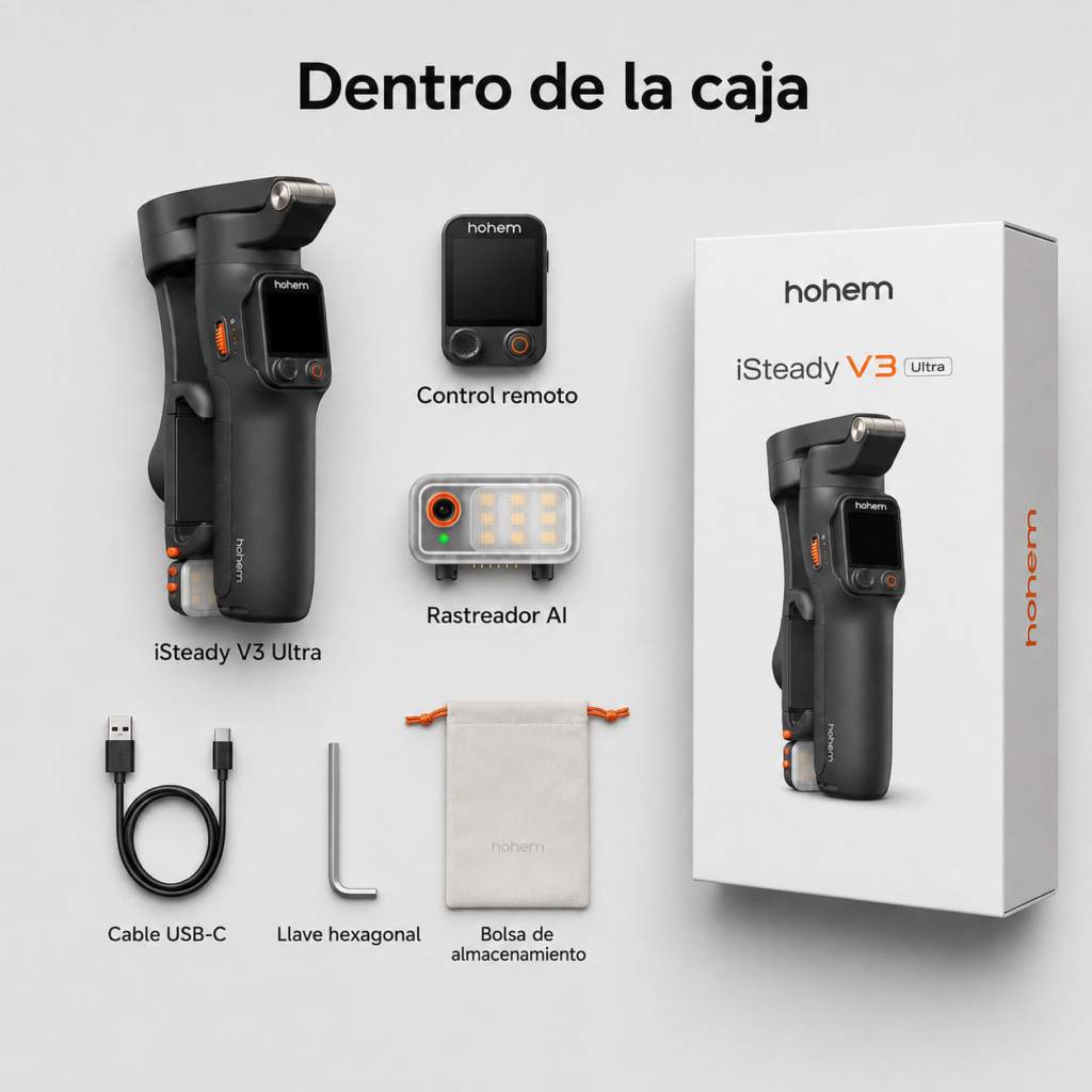 dentro de la caja hohem isteady v3 ultra