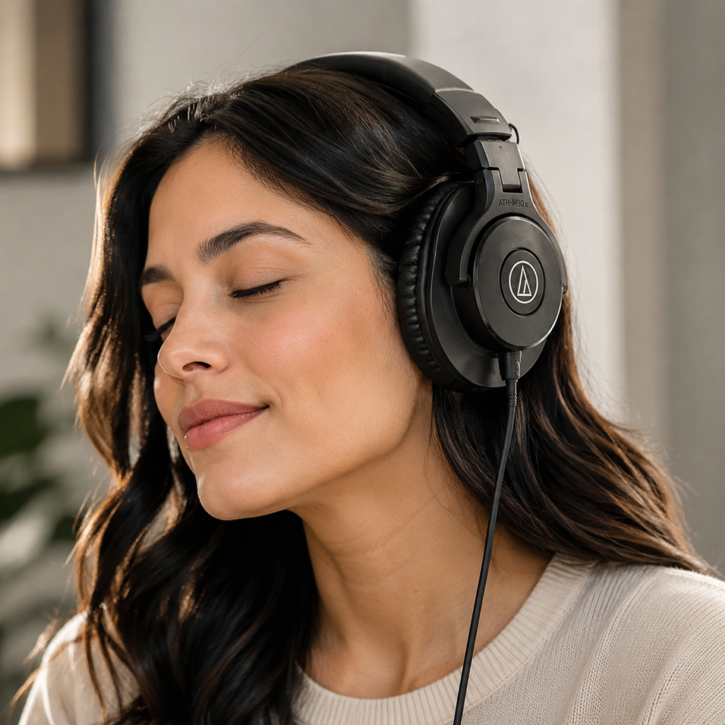 mujer latina con audifonos Audio Technica ATH M30x escuchando musica