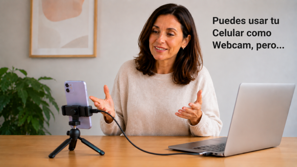 Usar el Celular como Webcam: Guía Completa y Cuándo NO Conviene 13 mujer usando el celular como webcam