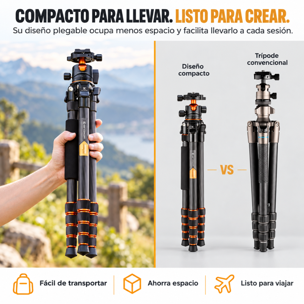 KF Concept de Fibra de Carbono tripode detalles tamano