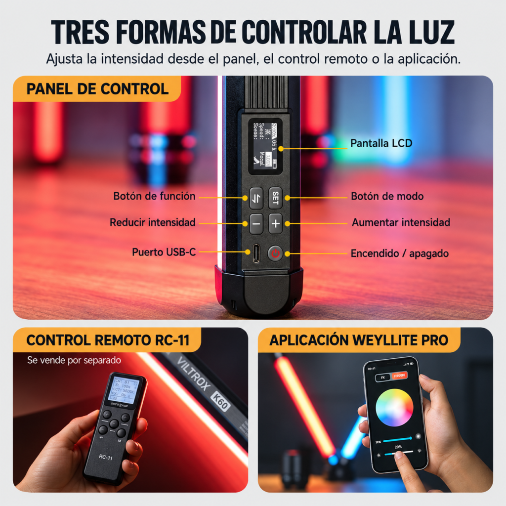 Viltrox K60 formas de controla la luz de tubo led rgb