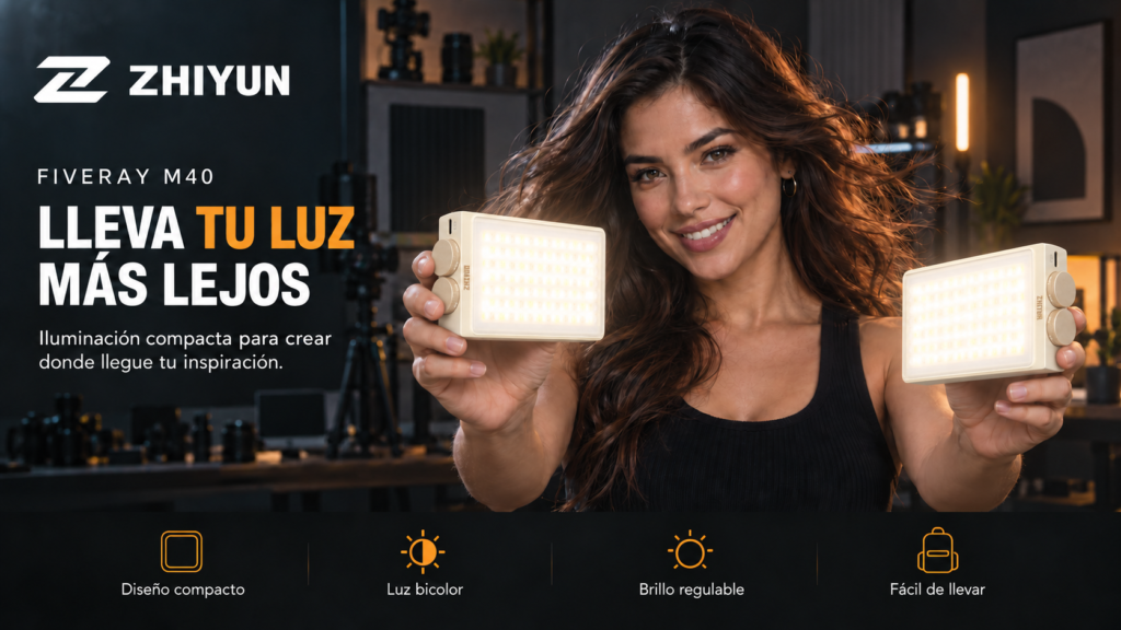 Zhiyun FIVERAY M40: Review Completa (Crecimiento Explosivo) 25 Zhiyun FIVERAY M40 mujer con dos luz led en la mano
