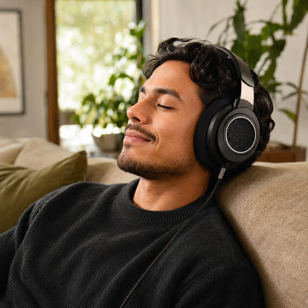 hombre con audifonos Philips SHP9600