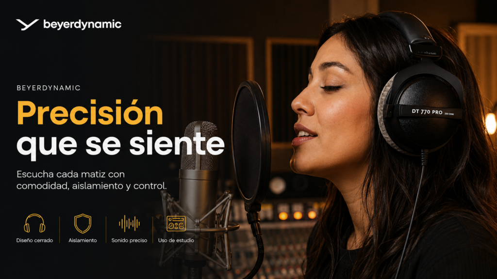 mujer latina cantando con su audifono Beyerdynamic DT 770 Pro