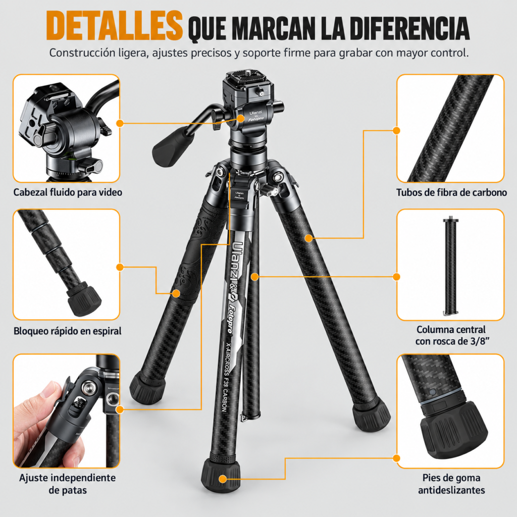 ulanzi f38 detalles de tripodel de fibra de carbono