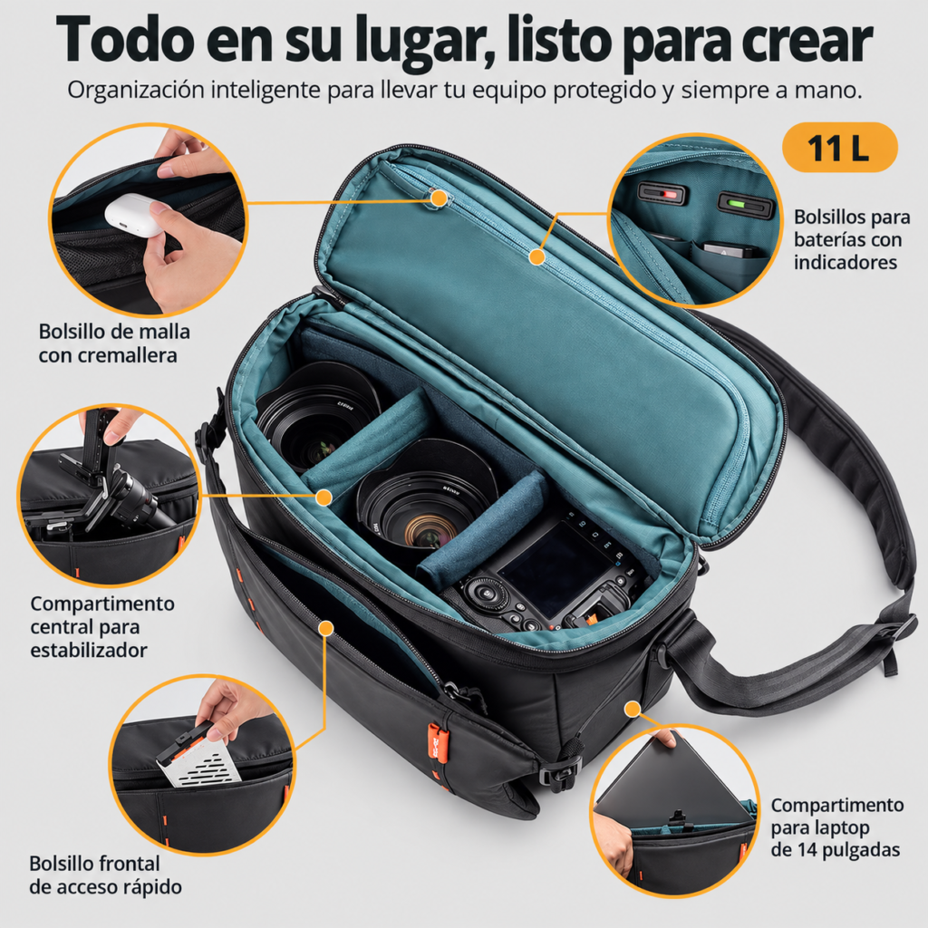 Bolso de camara abierto y organizado