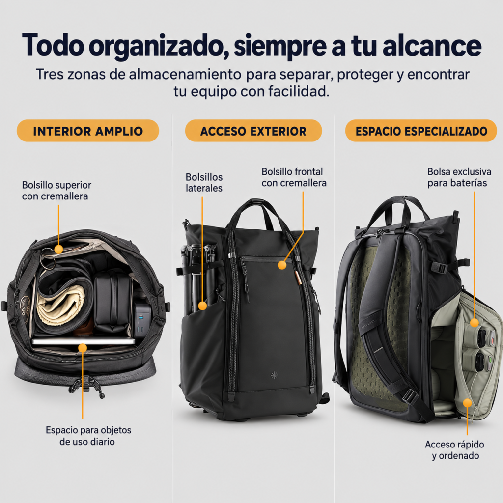 Mochila organizada en tres zonas